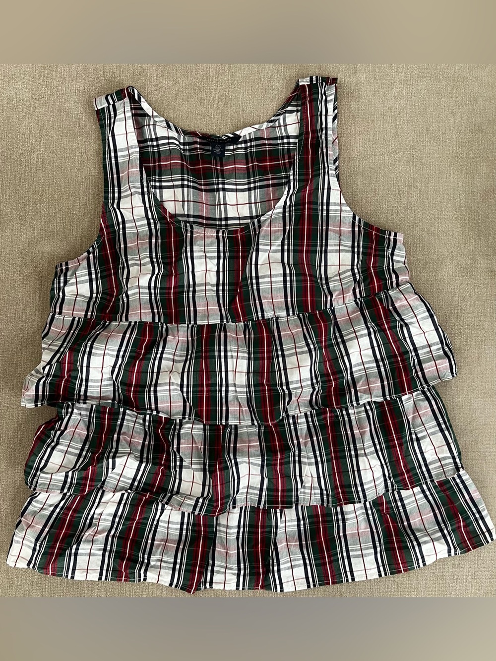Tommy Hilfiger Red Green White Plaid Tiered Sleeveless Ruffle Tank Top